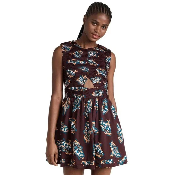 Atelier 1756 Brown Orange Butterfly Smocked Cutout Mini Cotton Dress XL NWT - Picture 4 of 13